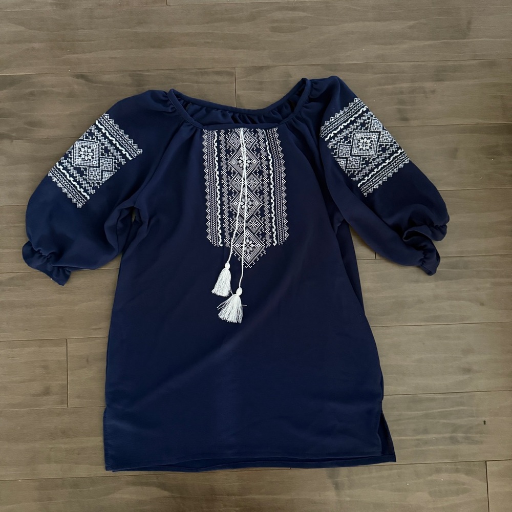 Ukrainian Vyshyvanka Navy Blue Embroidered short sleeve NEW